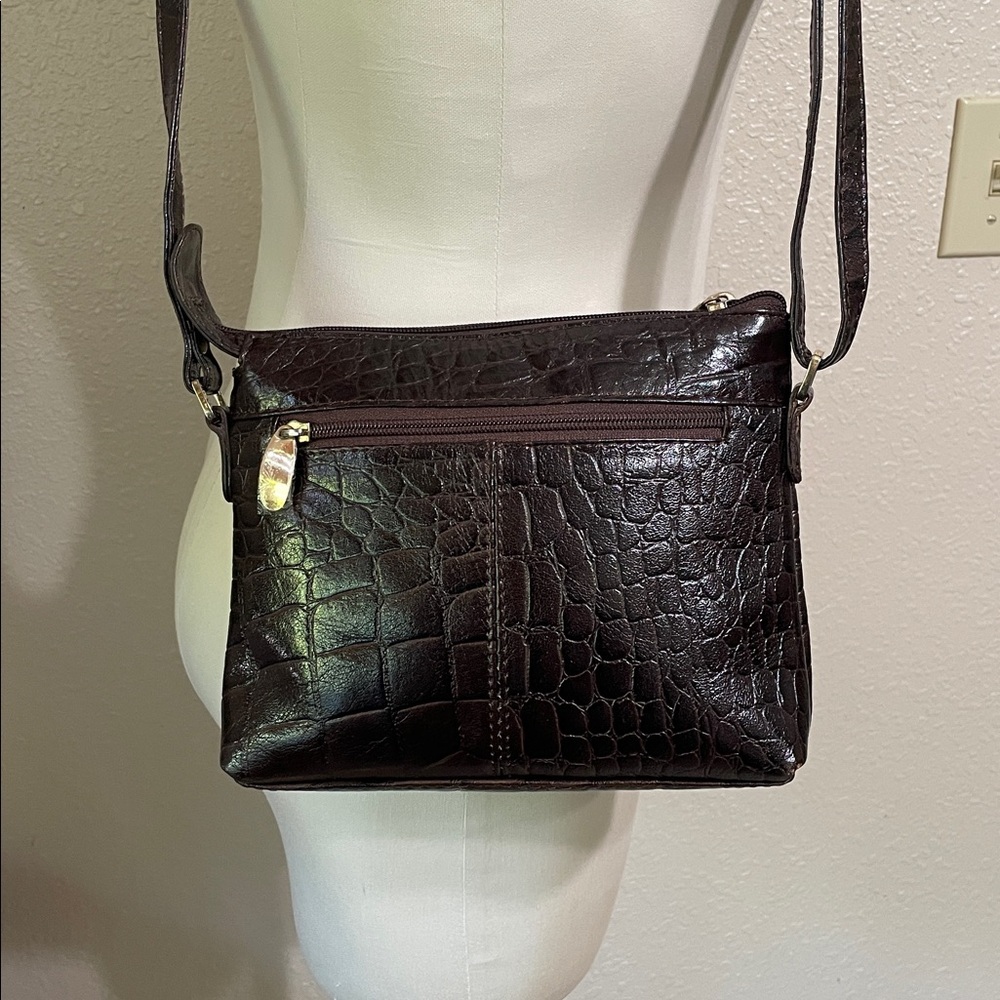 Ashwood Leather Dark Brown Croc-Embossed Crossbody Bag with Gold Accents - Picture 5 of 11